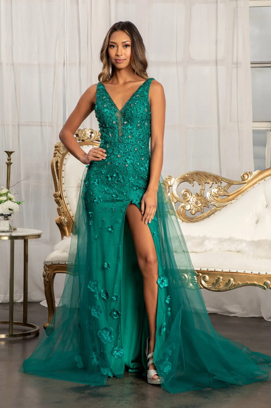 Rhinestone Embellished Mesh Mermaid Dress 3-D Flower and Detached Layer GLGL3011
