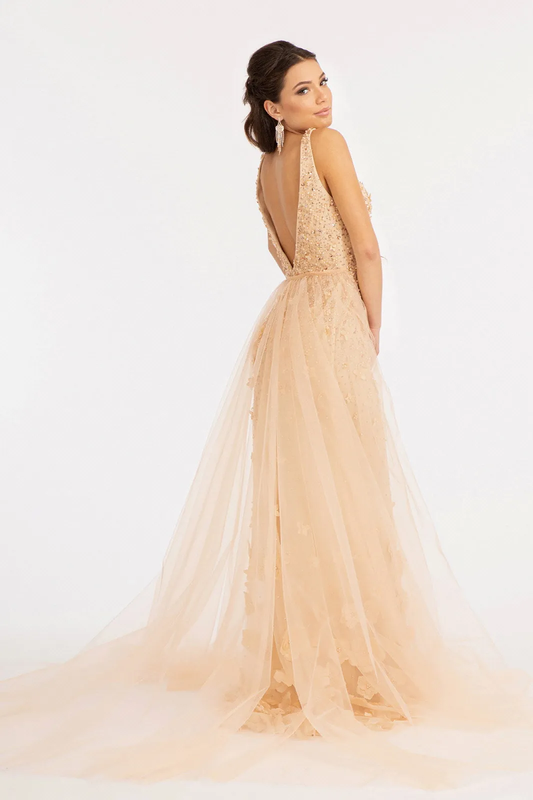 Rhinestone Embellished Mesh Mermaid Dress 3-D Flower and Detached Layer GLGL3011
