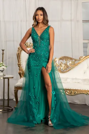 Rhinestone Embellished Mesh Mermaid Dress 3-D Flower and Detached Layer GLGL3011