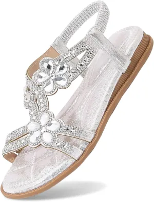 Rhinestone Sandals for Women Comfortable Spring Shoes 2025 Elastic Ankle Strap Lightweight Strappy Platform Sandals