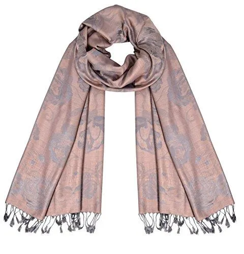 Rose Peach Silver Peach Couture Elegant Floral Pattern Pashmina Wrap Shawl Scarf
