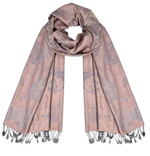 Rose Peach Silver Peach Couture Elegant Floral Pattern Pashmina Wrap Shawl Scarf