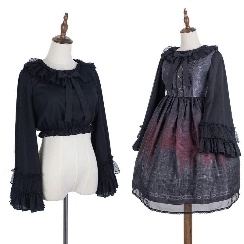 Ruffled Chiffon Blouse with Long Trumpet Sleeves