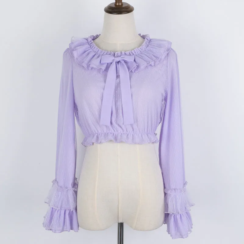 Ruffled Chiffon Blouse with Long Trumpet Sleeves