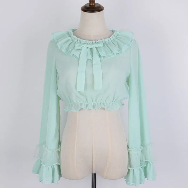 Ruffled Chiffon Blouse with Long Trumpet Sleeves