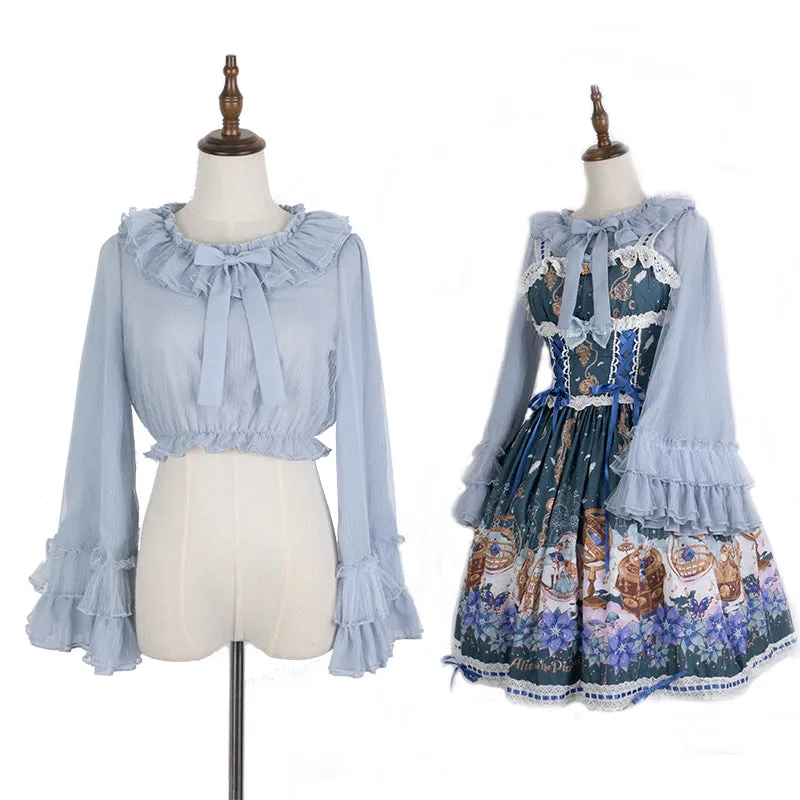 Ruffled Chiffon Blouse with Long Trumpet Sleeves