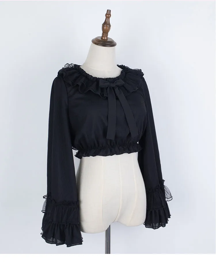 Ruffled Chiffon Blouse with Long Trumpet Sleeves