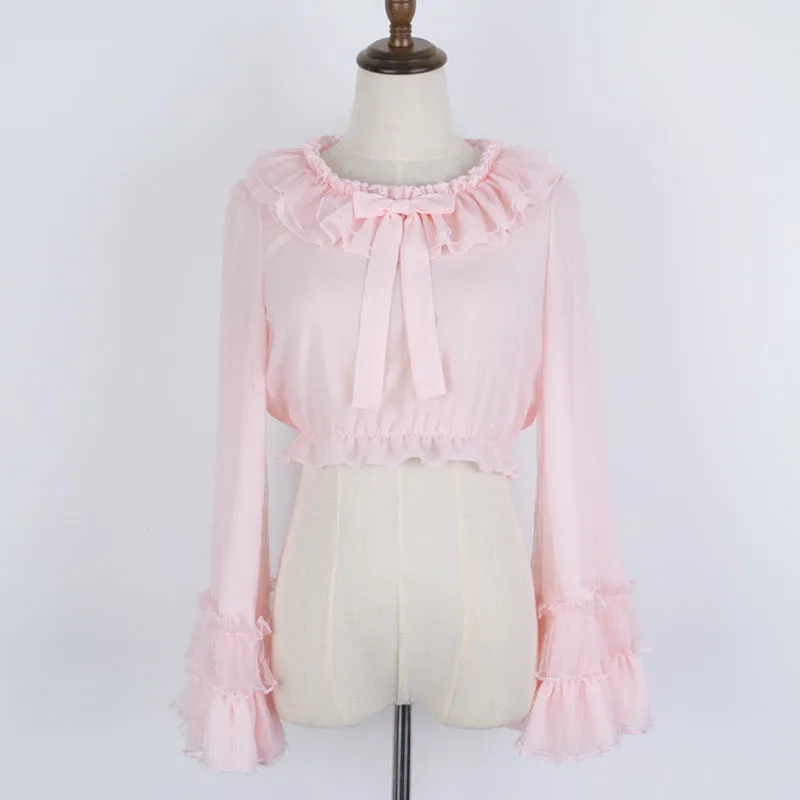 Ruffled Chiffon Blouse with Long Trumpet Sleeves