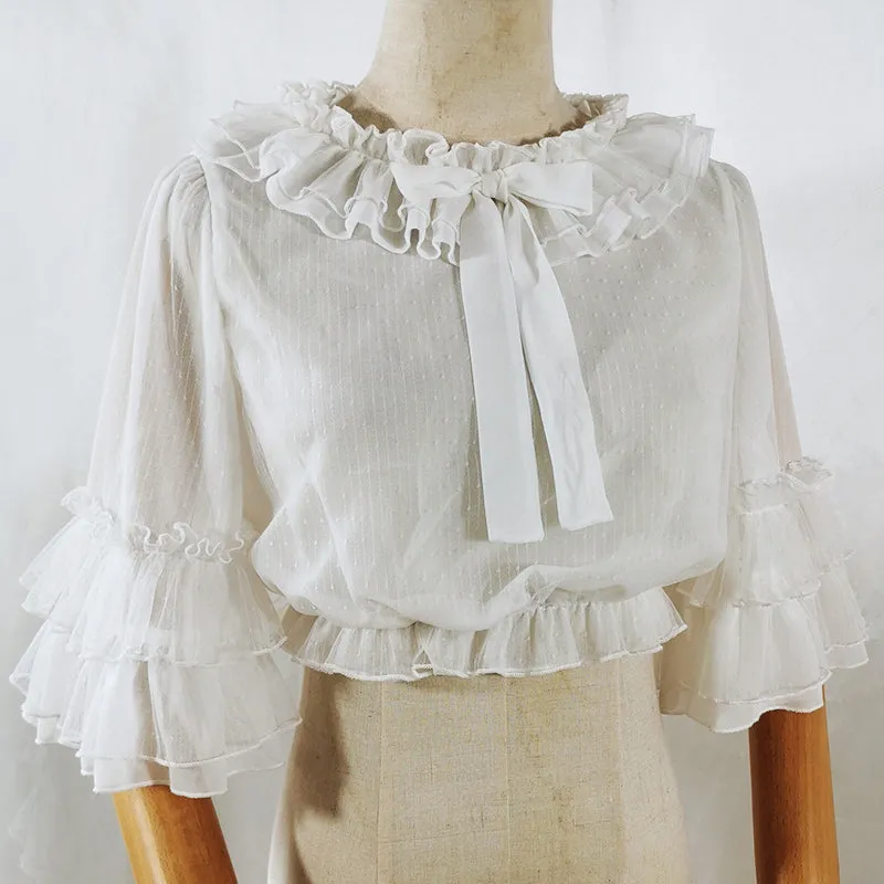 Ruffled Chiffon Blouse with Trumpet Sleeves