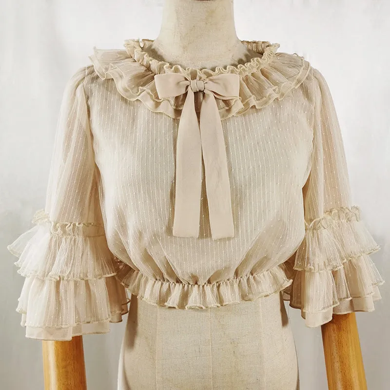 Ruffled Chiffon Blouse with Trumpet Sleeves