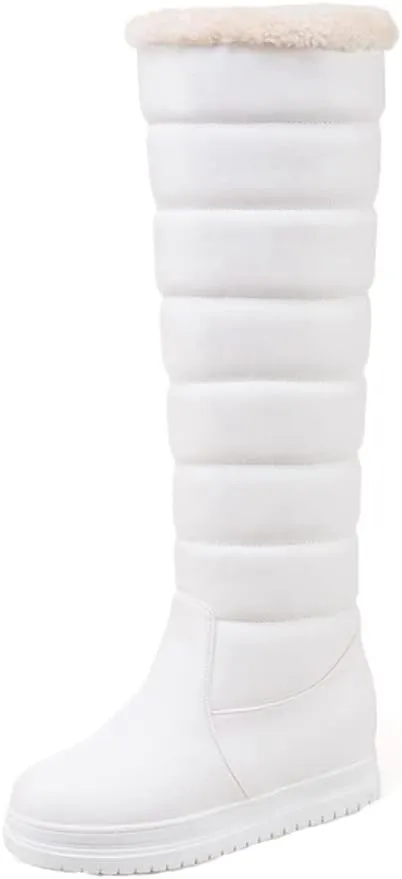 SACFOF Women's Winter Knee High Down Snow Boots Waterproof Warm Fleece Lined Platform Hidden Wedges Anti-Slip Knee High Boots