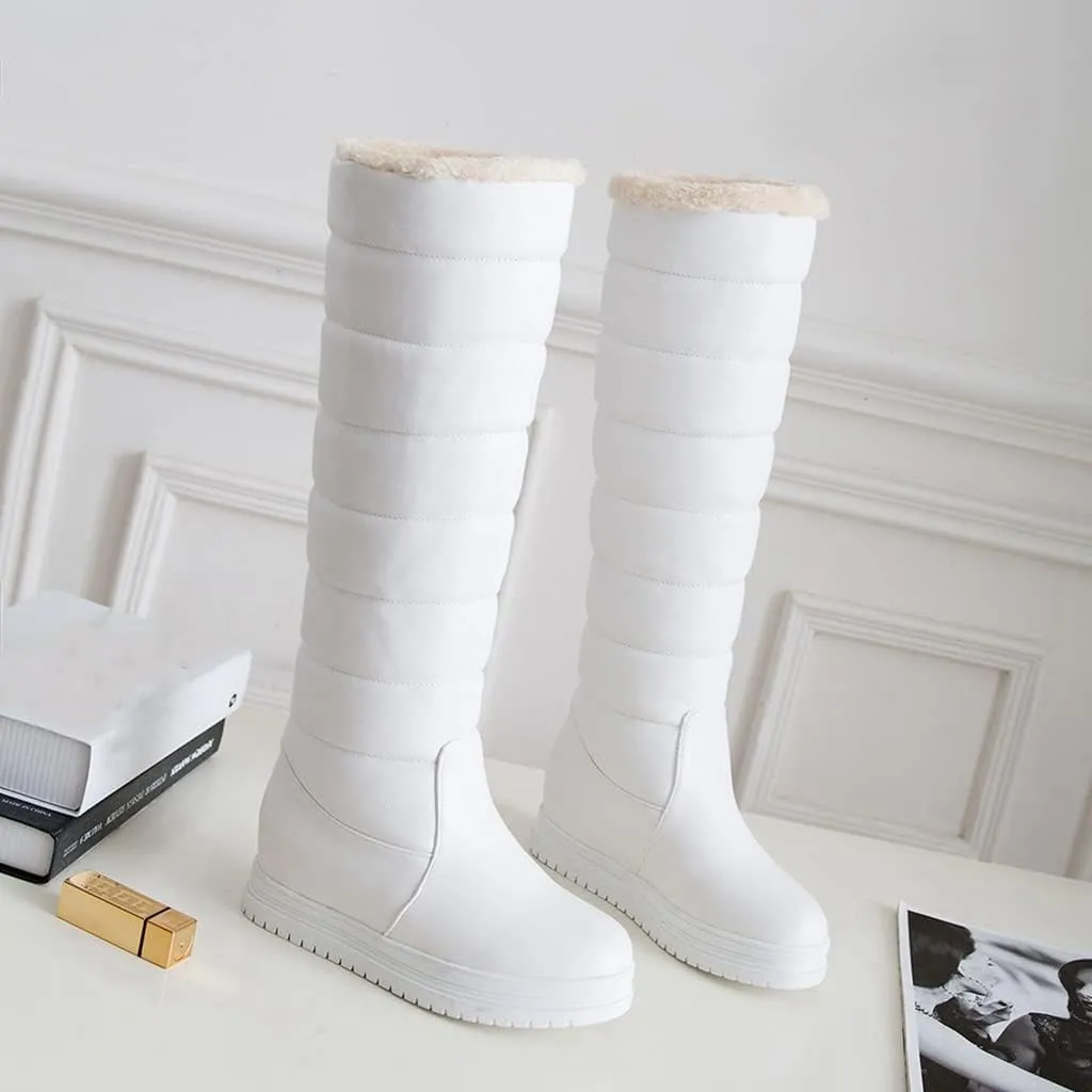 SACFOF Women's Winter Knee High Down Snow Boots Waterproof Warm Fleece Lined Platform Hidden Wedges Anti-Slip Knee High Boots
