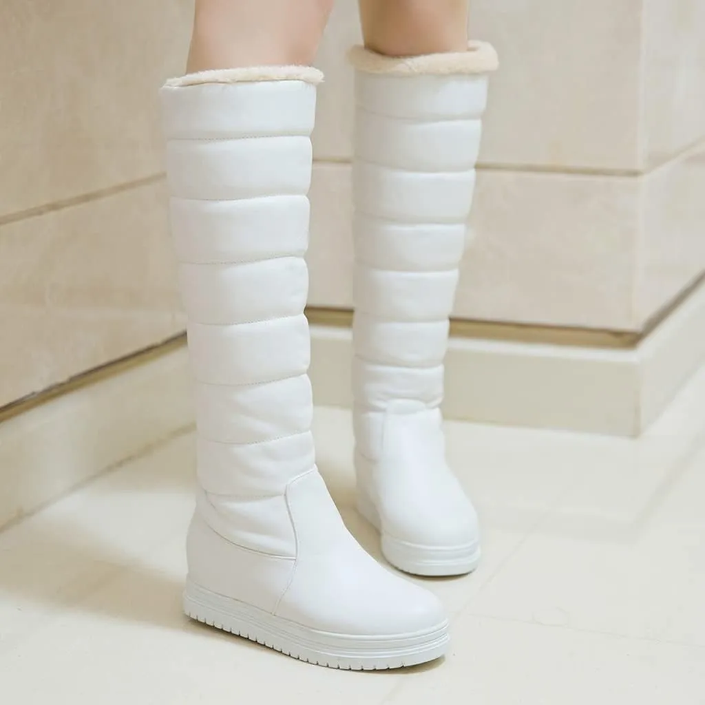 SACFOF Women's Winter Knee High Down Snow Boots Waterproof Warm Fleece Lined Platform Hidden Wedges Anti-Slip Knee High Boots