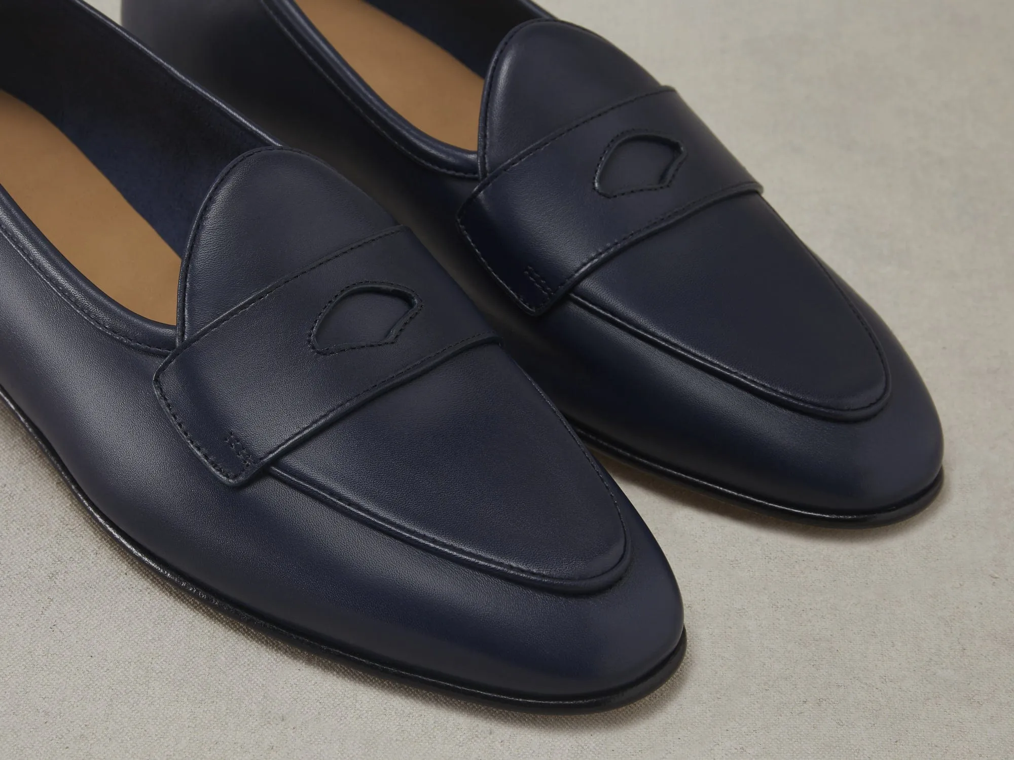 Sagan Classic Ginkgo Loafers in French Navy Drape Calf with Leather Sole