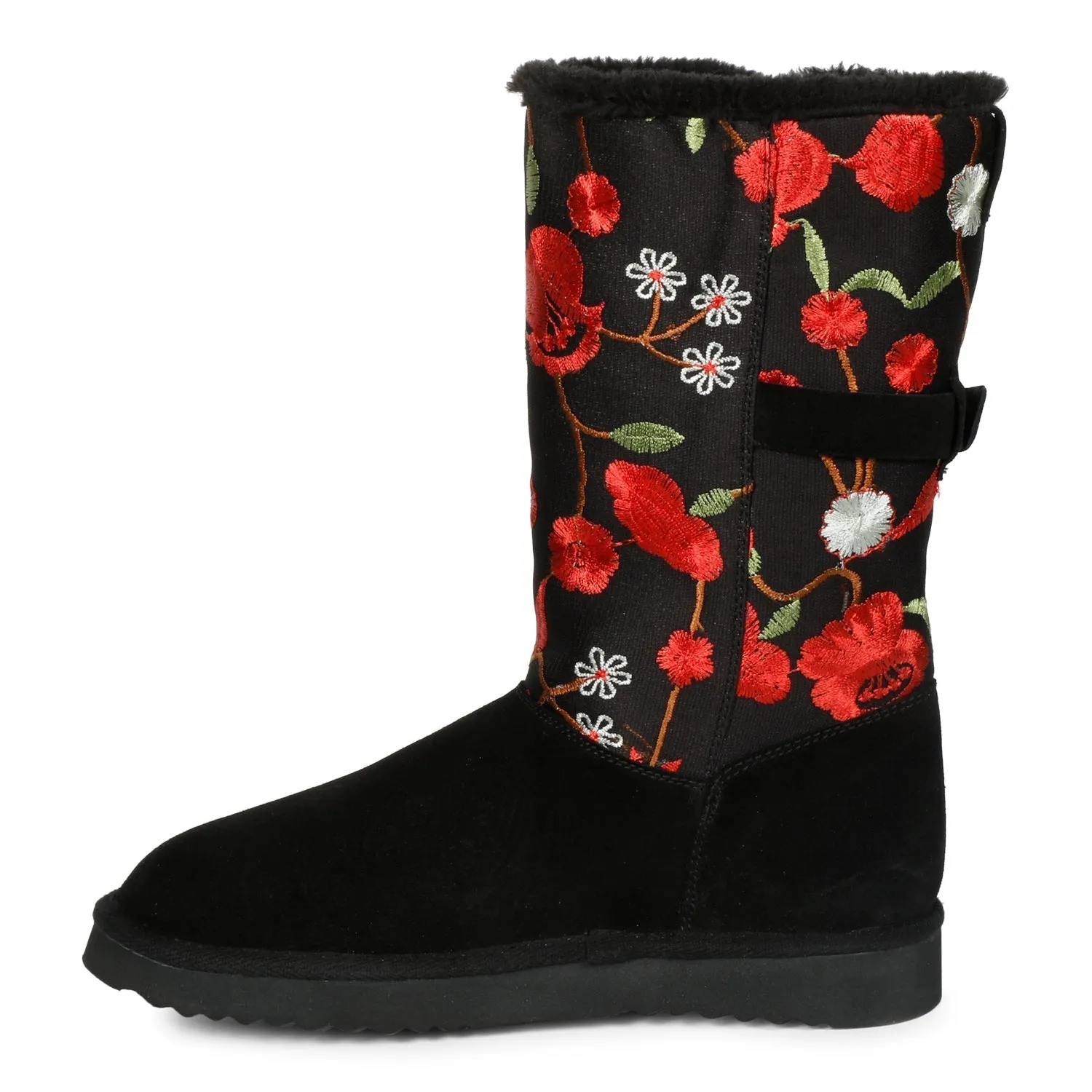 Saint Gloire Buckle Décor Floral Embroidery Snug Boots