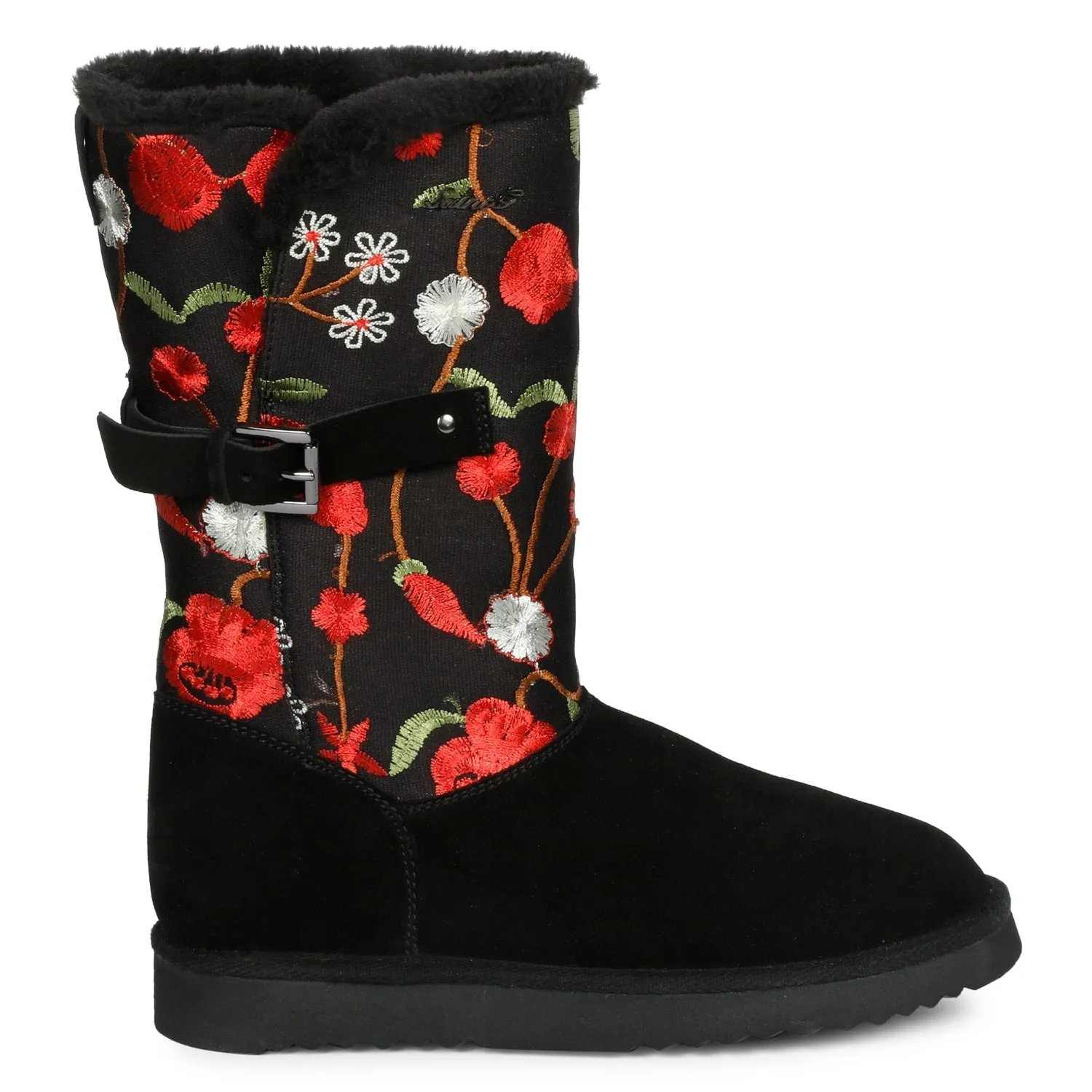Saint Gloire Buckle Décor Floral Embroidery Snug Boots