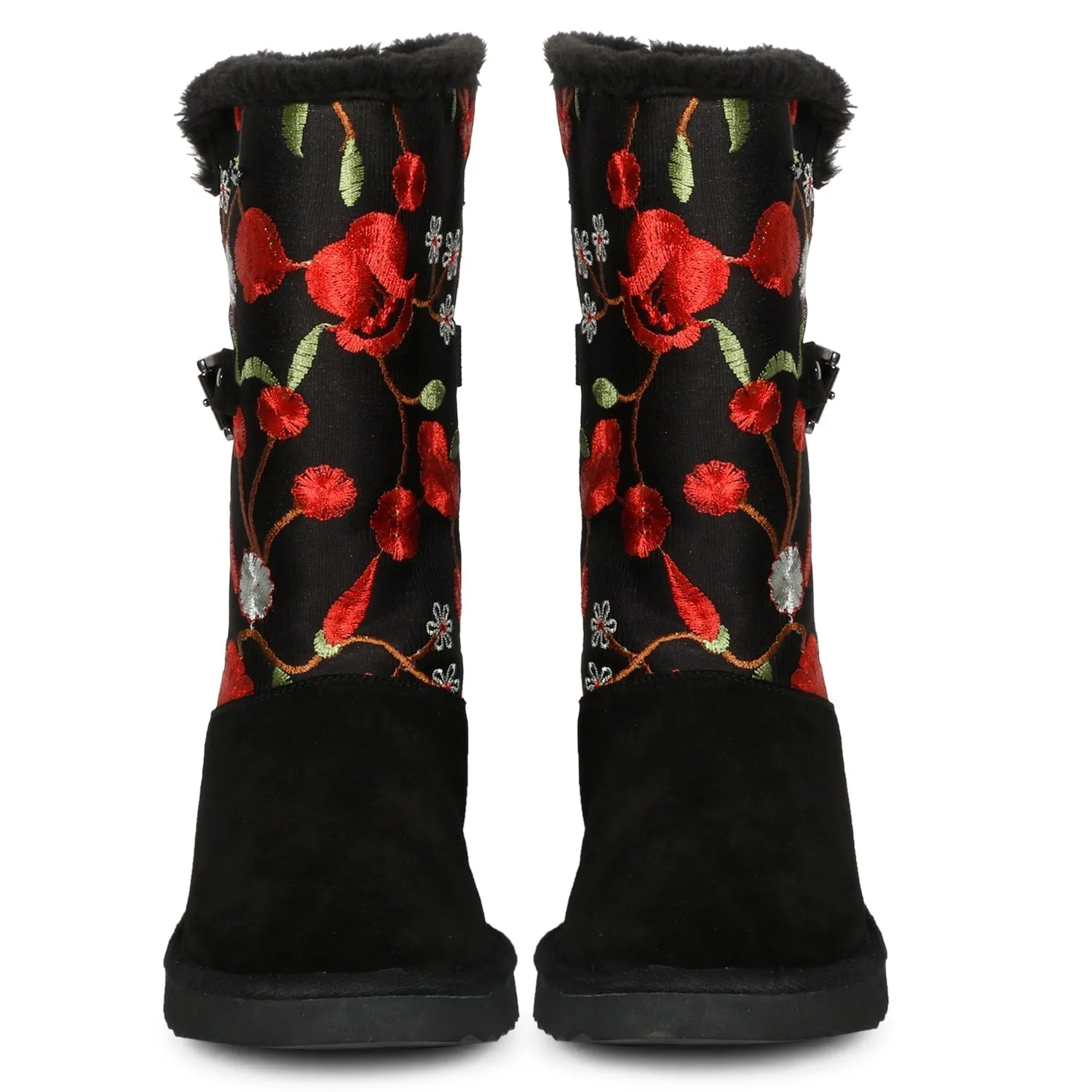 Saint Gloire Buckle Décor Floral Embroidery Snug Boots