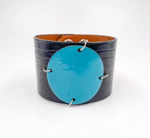 SALE Turquoise on Black Lizard skin narrow Enamel Cuff