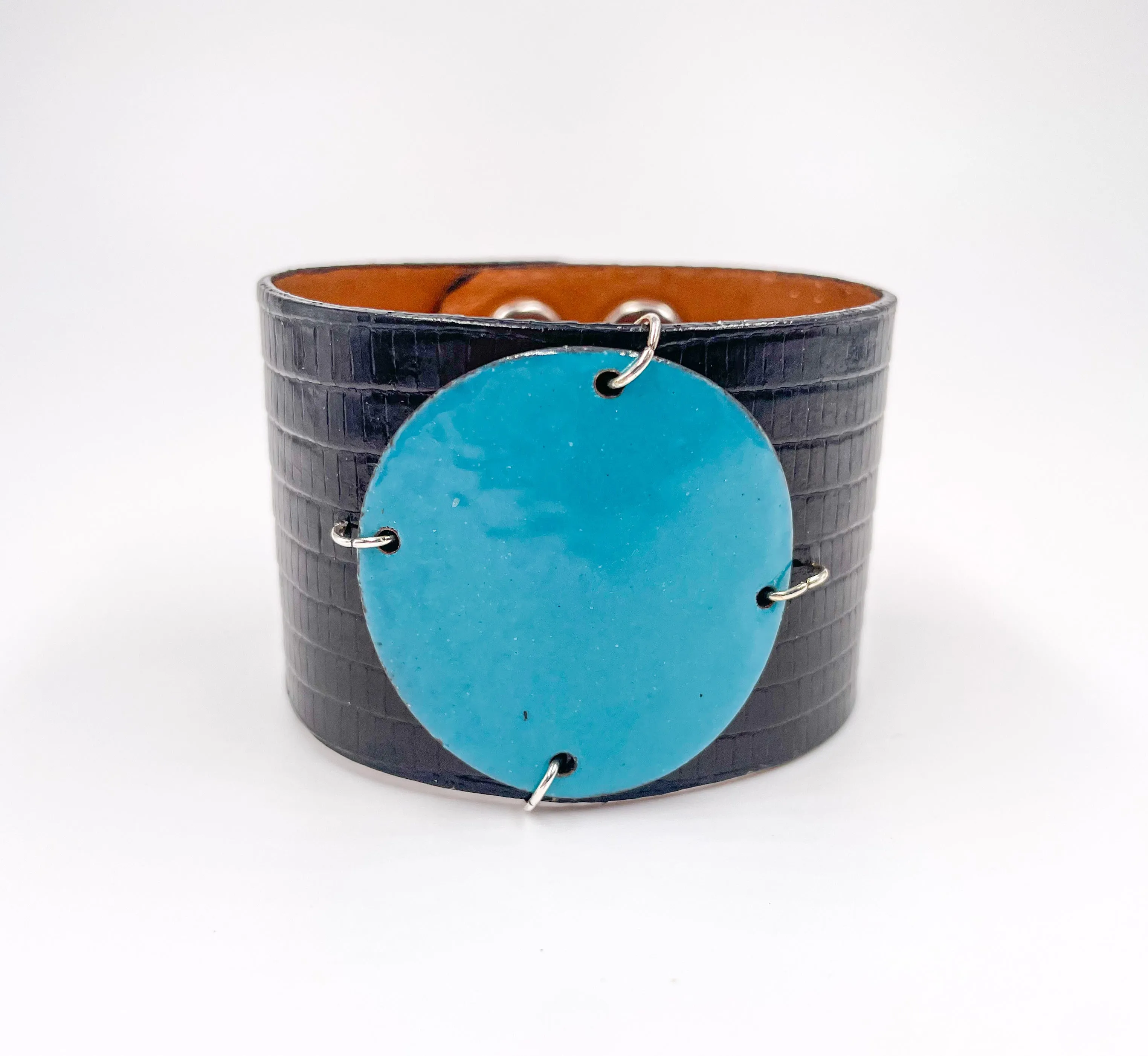 SALE Turquoise on Black Lizard skin narrow Enamel Cuff