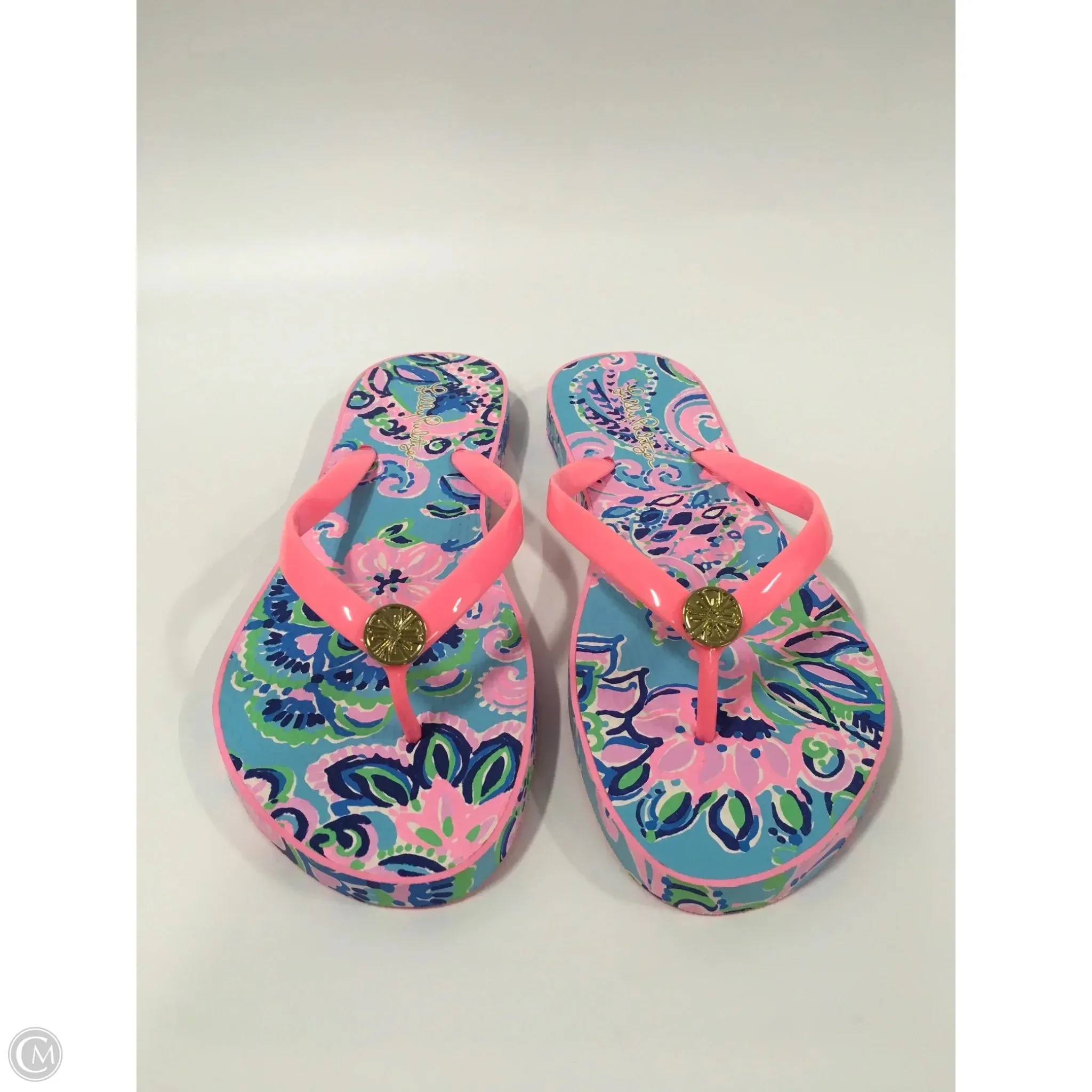 Sandals Designer By Lilly Pulitzer In Blue & Pink, Size: 9 Blown Rubber Outsole Silver Shine