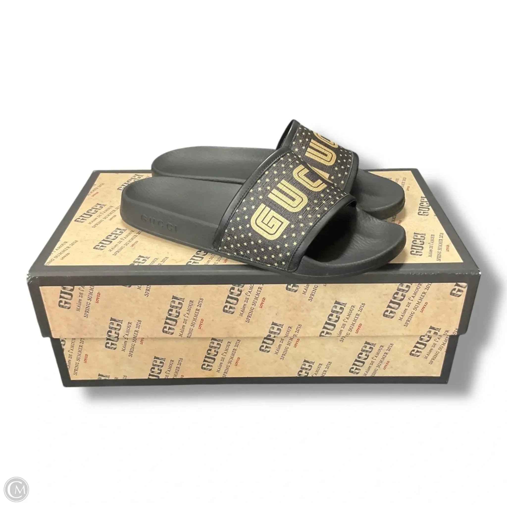 City Run Sandals Luxury Designer By Gucci In Black & Gold, Size: 8.5