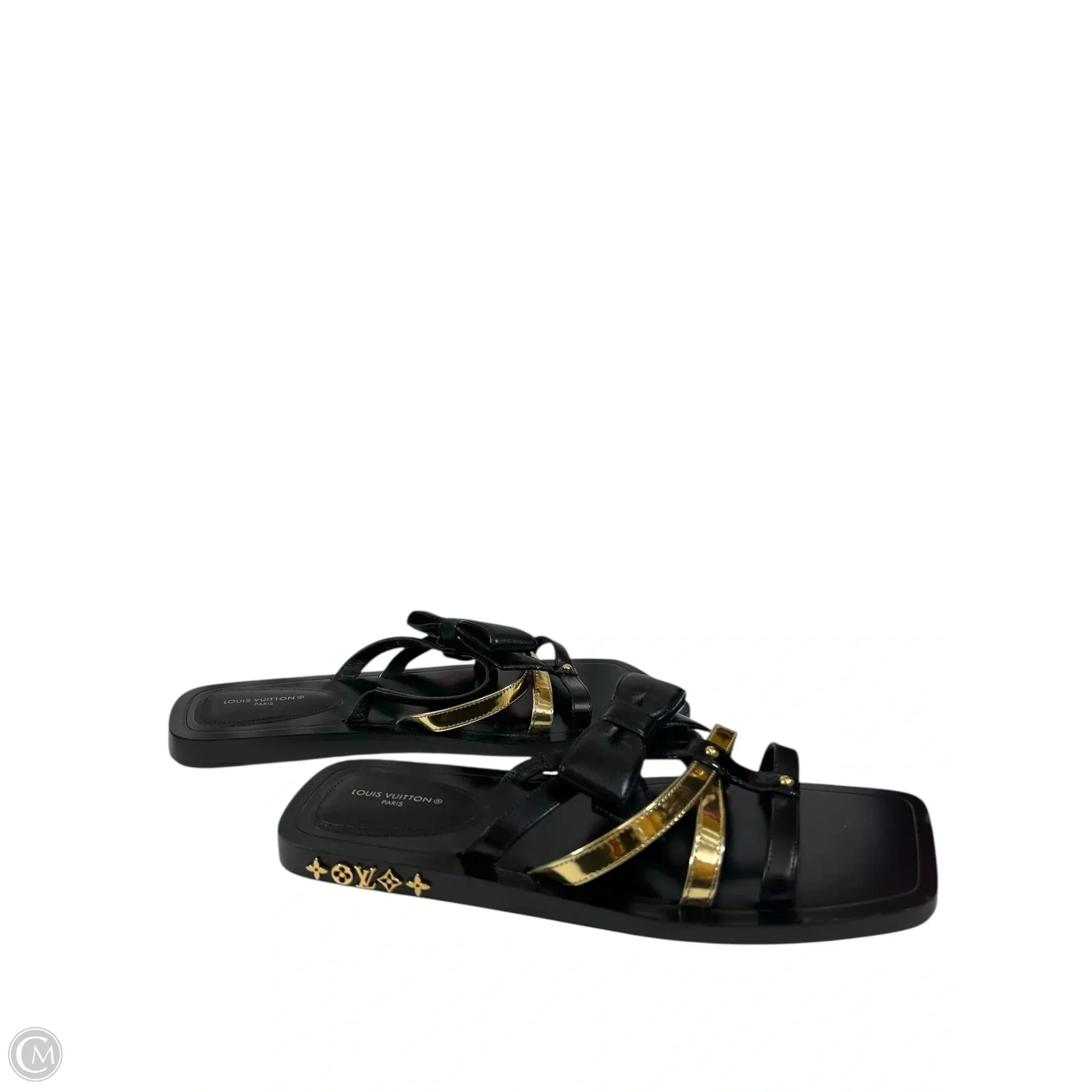Quick Drying Airport Travel Deep Grip Sandals Luxury Designer By Louis Vuitton In Black & Gold, Size: 7