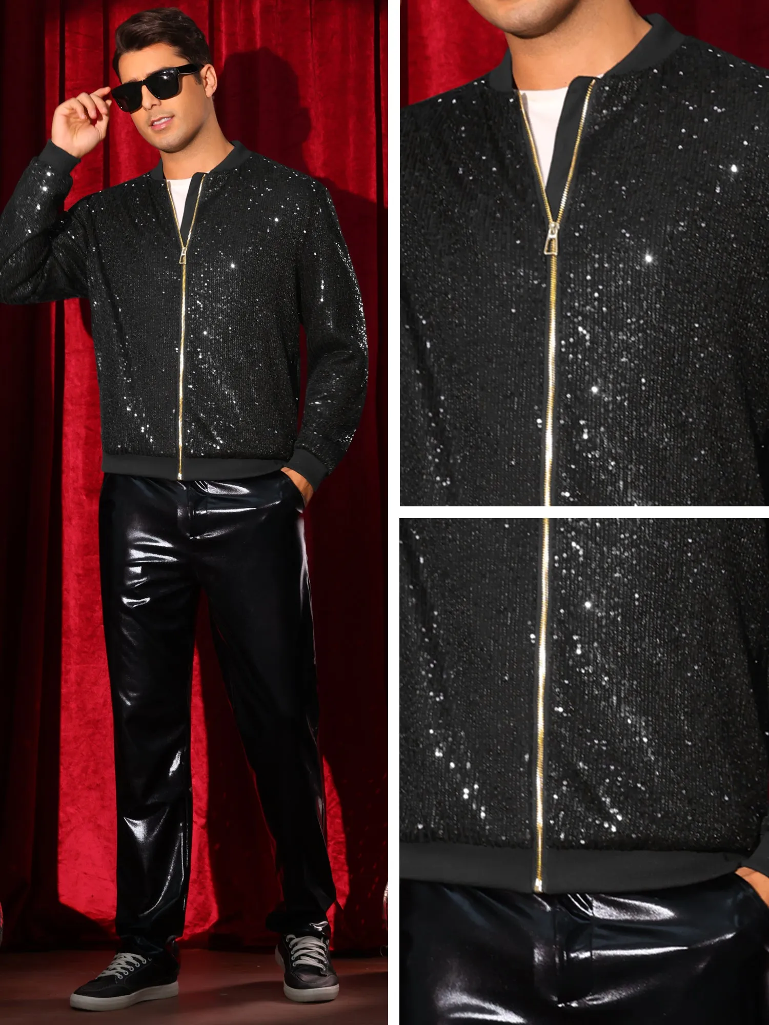 Sequin Varsity Jacket for Men's 70s Disco Zipper Party Glitter Shiny Bomber Jackets
