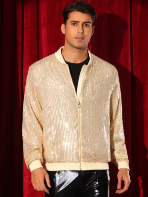 Sequin Varsity Jacket for Men's 70s Disco Zipper Party Glitter Shiny Bomber Jackets