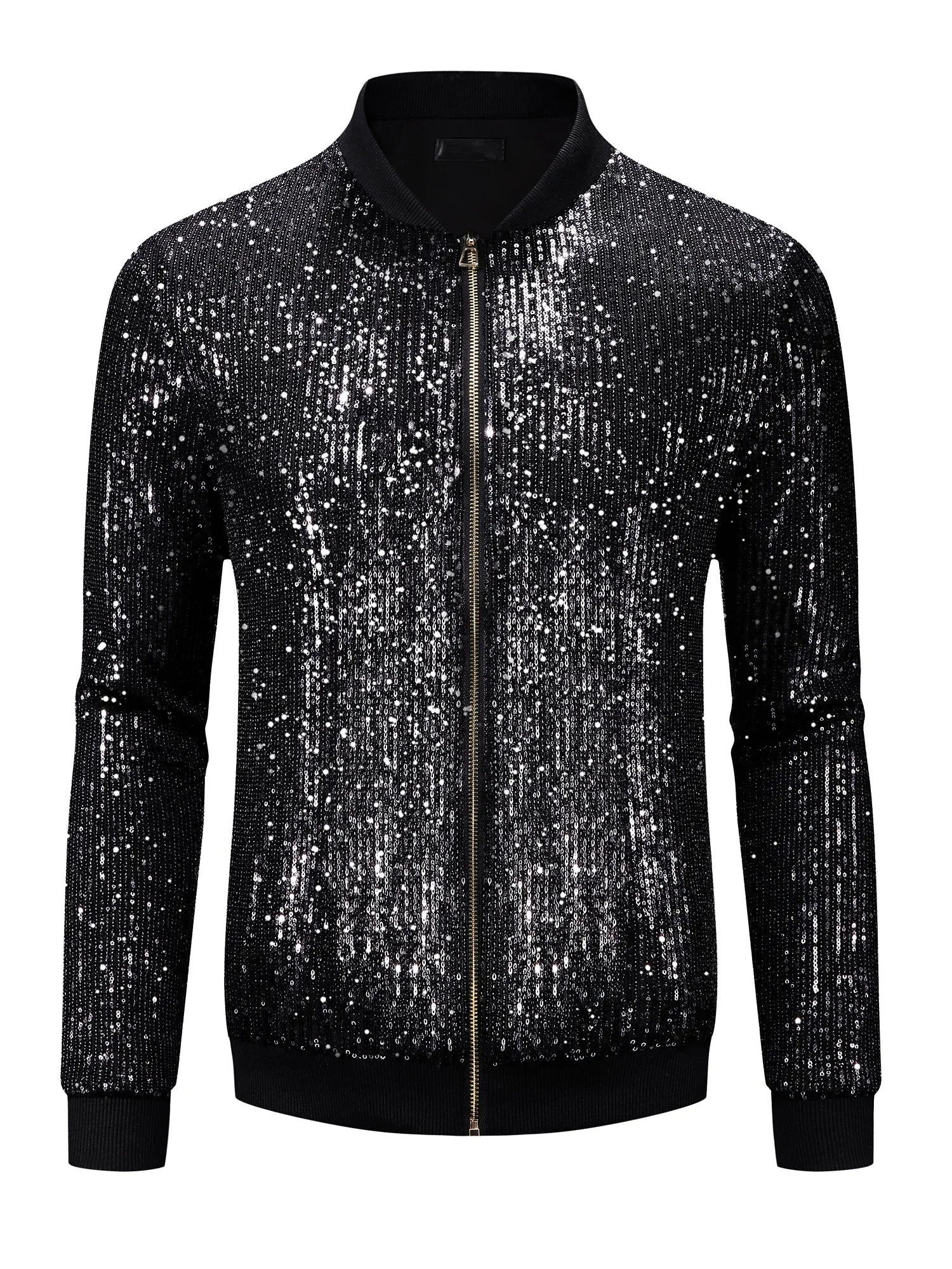 Sequin Varsity Jacket for Men's 70s Disco Zipper Party Glitter Shiny Bomber Jackets