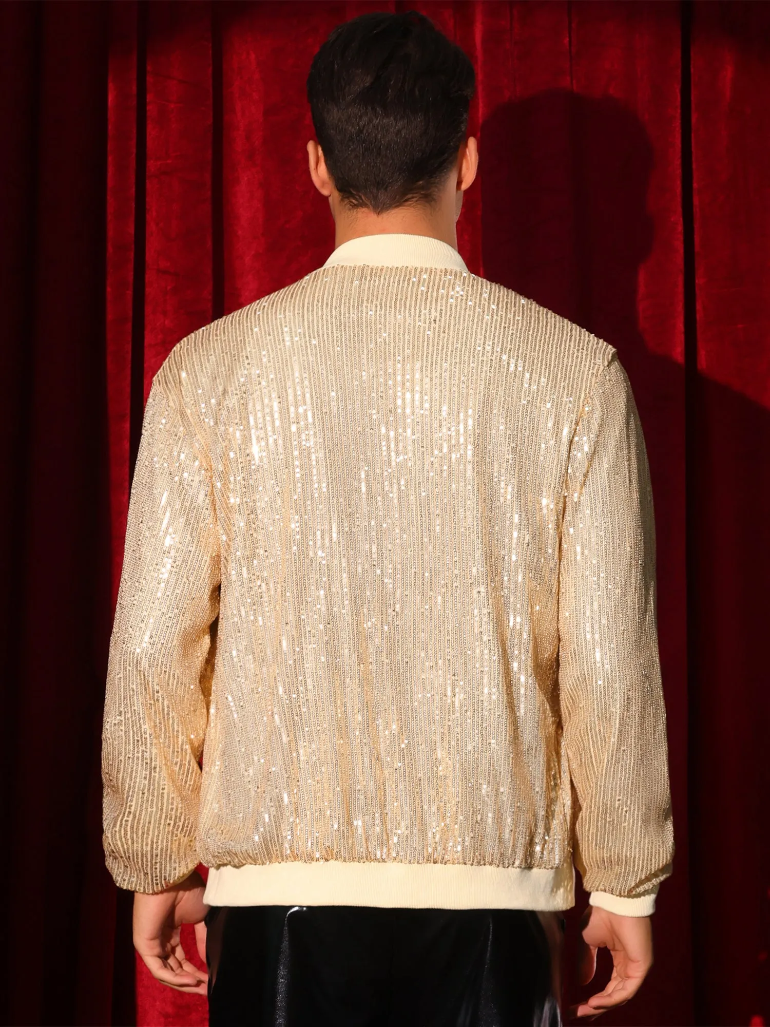 Sequin Varsity Jacket for Men's 70s Disco Zipper Party Glitter Shiny Bomber Jackets