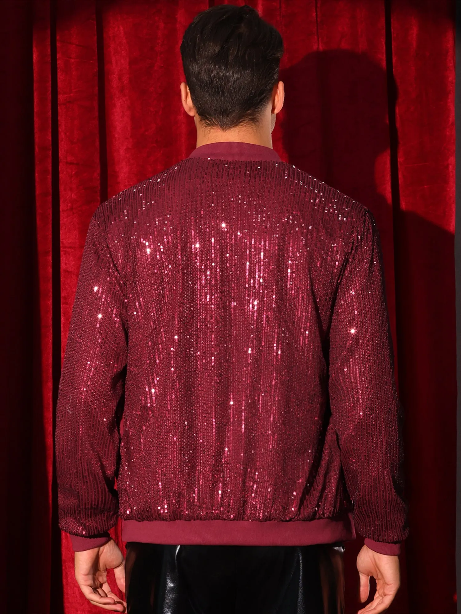Sequin Varsity Jacket for Men's 70s Disco Zipper Party Glitter Shiny Bomber Jackets
