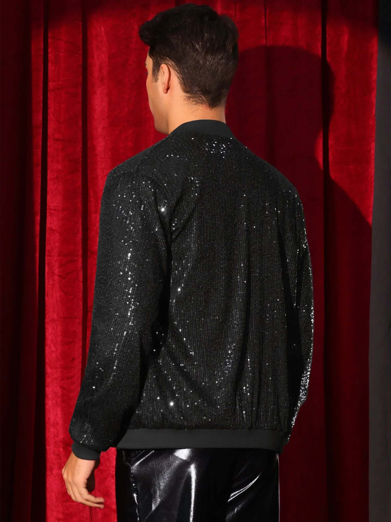 Sequin Varsity Jacket for Men's 70s Disco Zipper Party Glitter Shiny Bomber Jackets