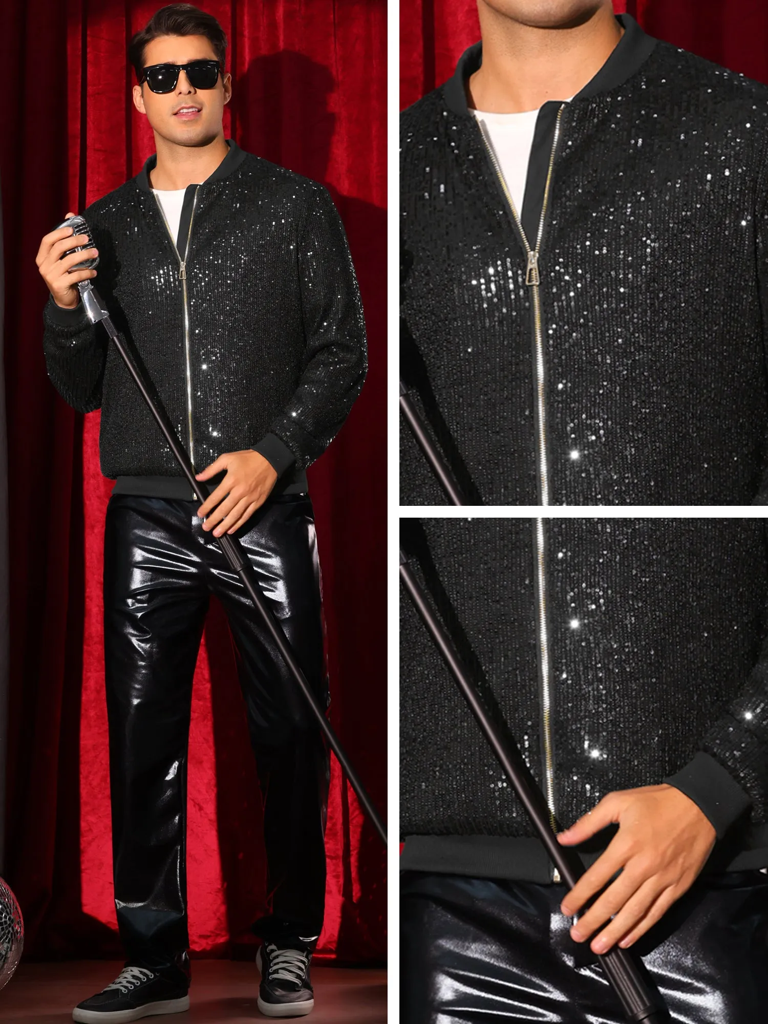 Sequin Varsity Jacket for Men's 70s Disco Zipper Party Glitter Shiny Bomber Jackets