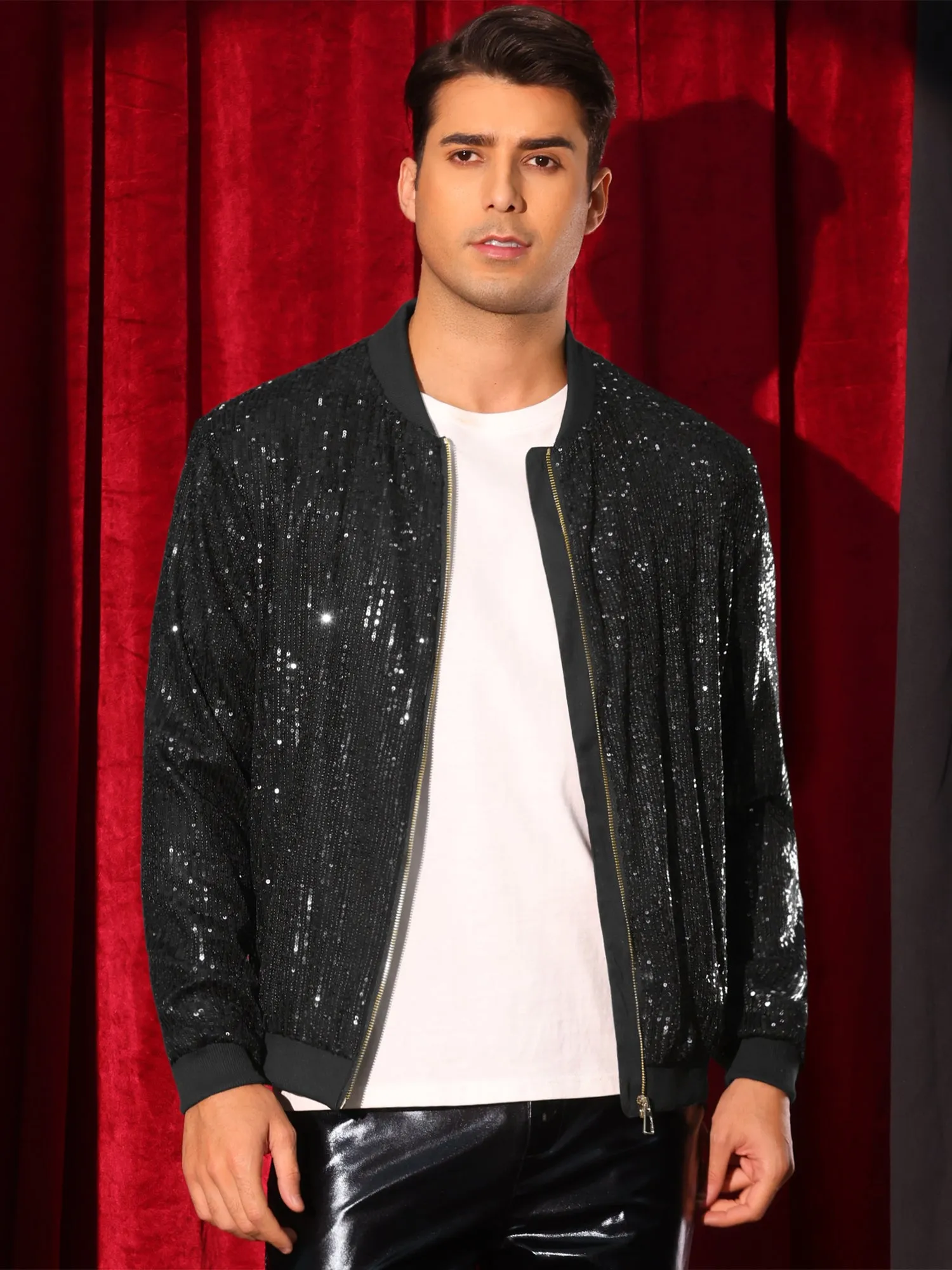 Sequin Varsity Jacket for Men's 70s Disco Zipper Party Glitter Shiny Bomber Jackets