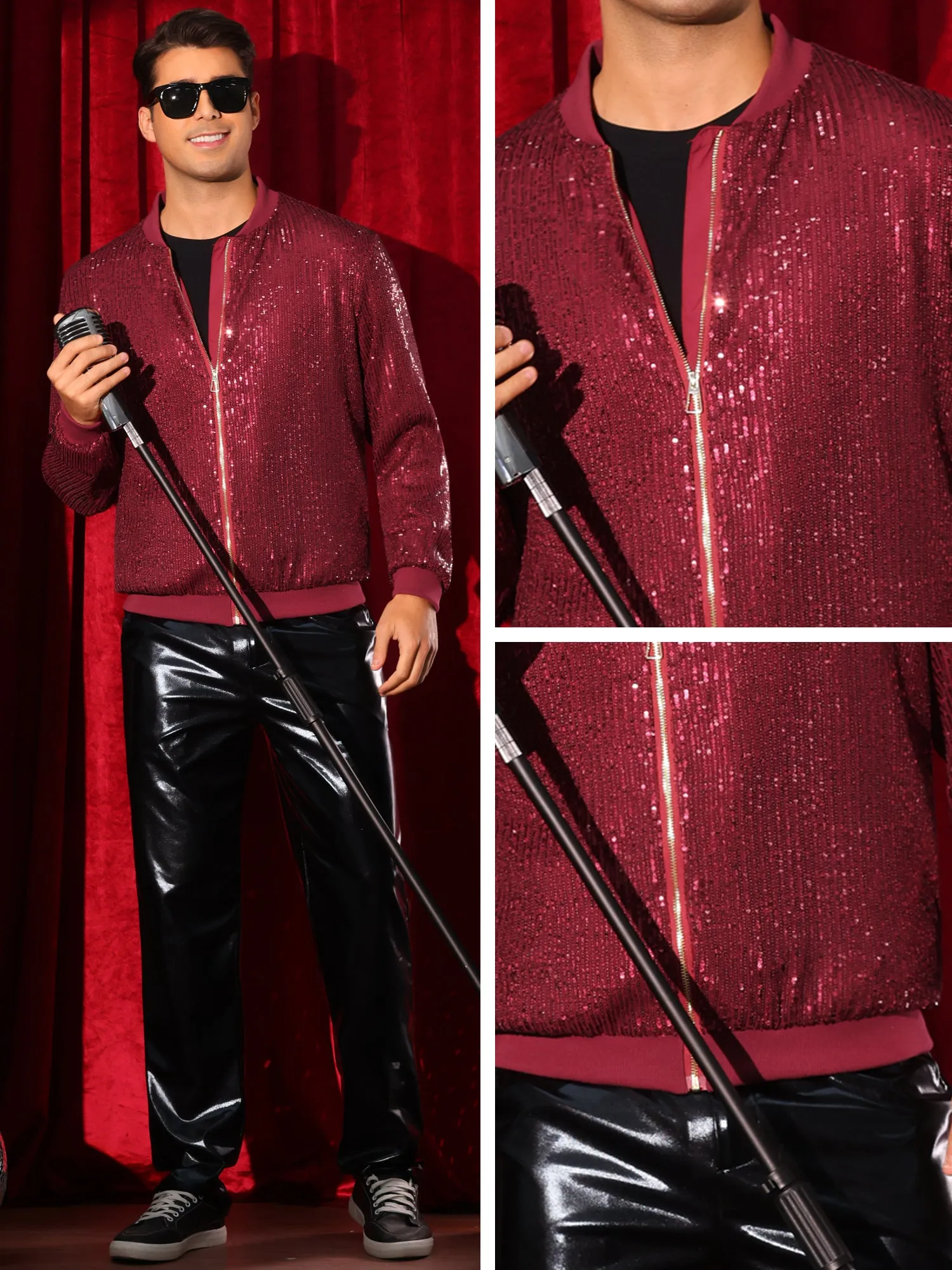 Sequin Varsity Jacket for Men's 70s Disco Zipper Party Glitter Shiny Bomber Jackets