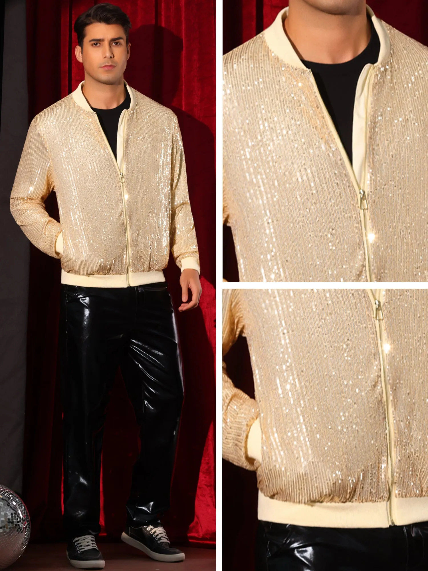 Sequin Varsity Jacket for Men's 70s Disco Zipper Party Glitter Shiny Bomber Jackets