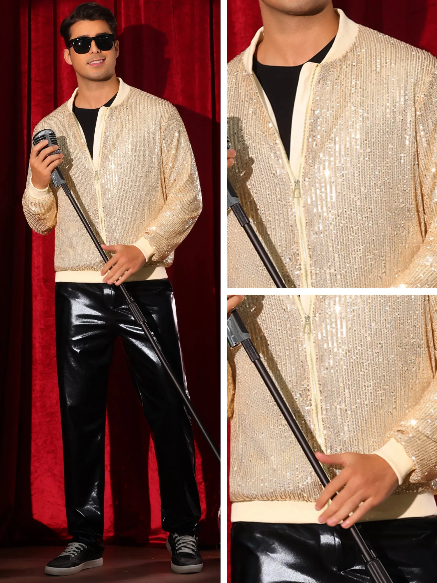 Sequin Varsity Jacket for Men's 70s Disco Zipper Party Glitter Shiny Bomber Jackets