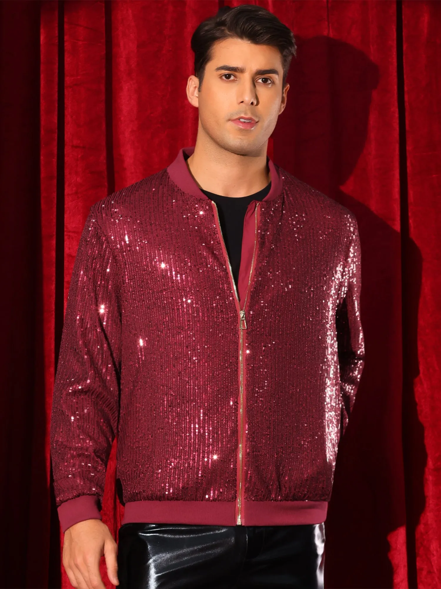 Sequin Varsity Jacket for Men's 70s Disco Zipper Party Glitter Shiny Bomber Jackets