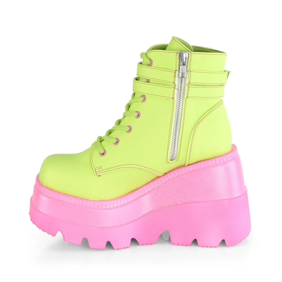 SHAKER-52 DemoniaCult Lime Reflective Vegan Leather/Pink Sexy Women's Ankle Boots (Alternative Footwear)