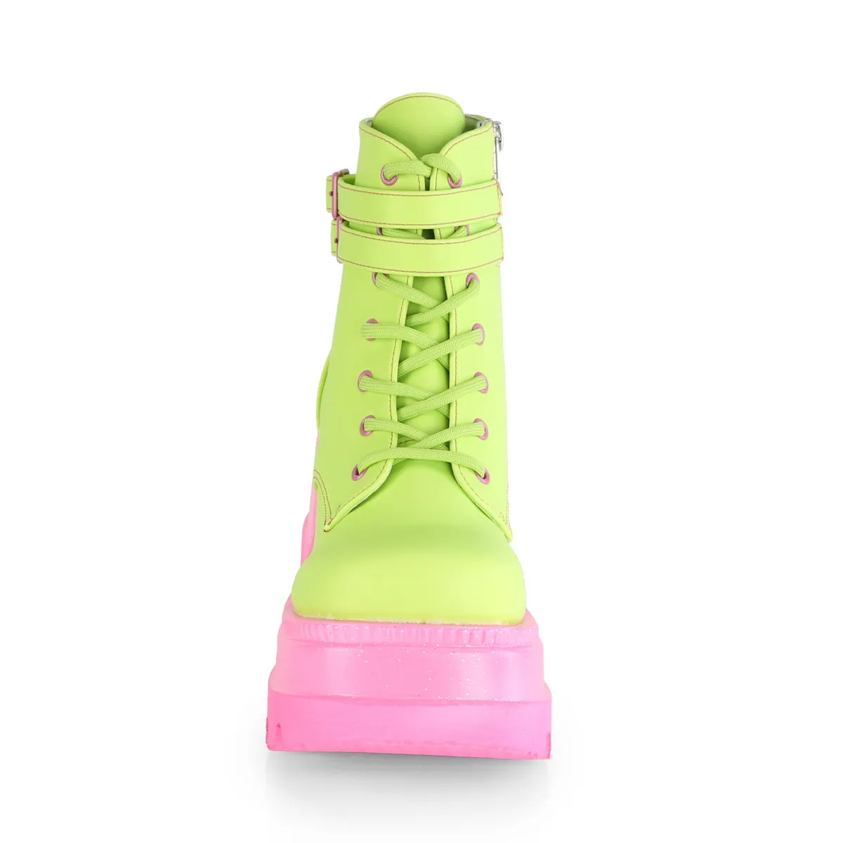 SHAKER-52 DemoniaCult Lime Reflective Vegan Leather/Pink Sexy Women's Ankle Boots (Alternative Footwear)