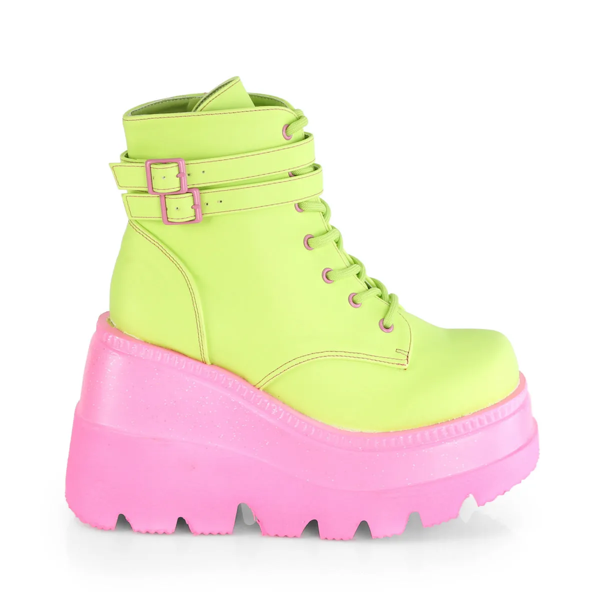 SHAKER-52 DemoniaCult Lime Reflective Vegan Leather/Pink Sexy Women's Ankle Boots (Alternative Footwear)