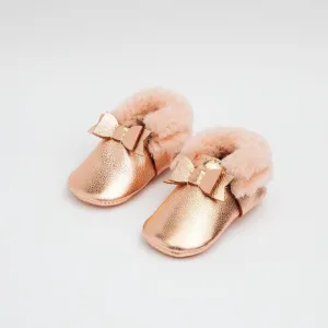 Shearling Bow Moccasin Mini Sole - Rose Gold