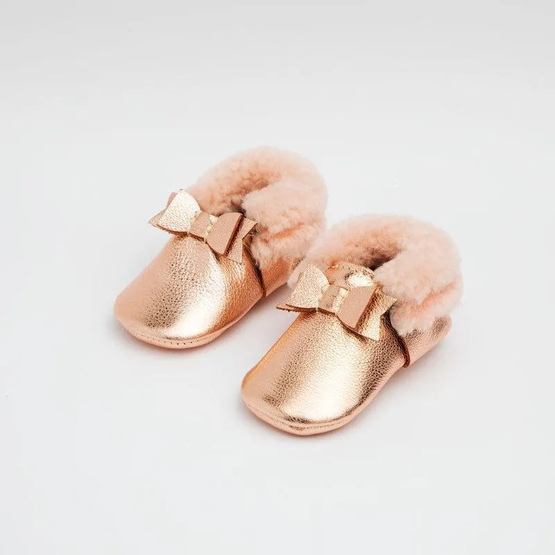 Shearling Bow Moccasin Mini Sole - Rose Gold
