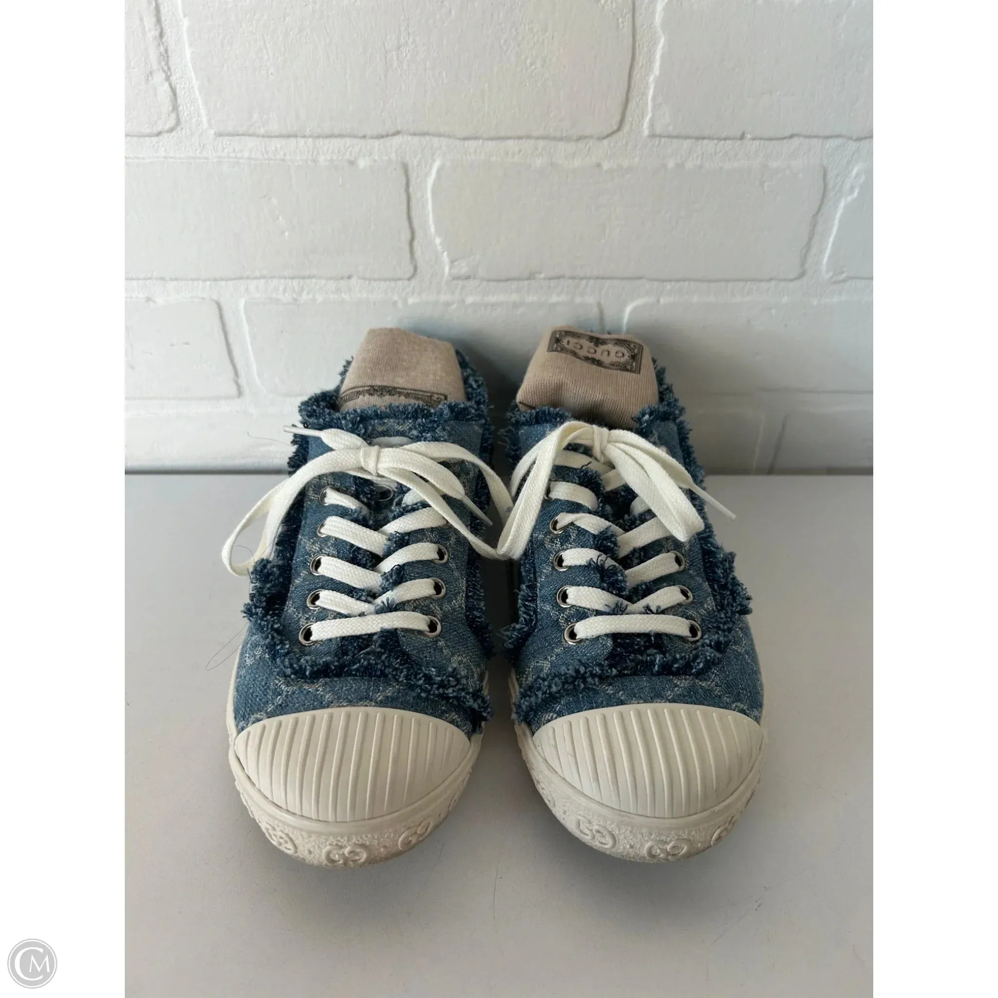 Shoes Luxury Designer By Gucci In Blue Denim, Size: 7.5 Recycled Rubber Composite