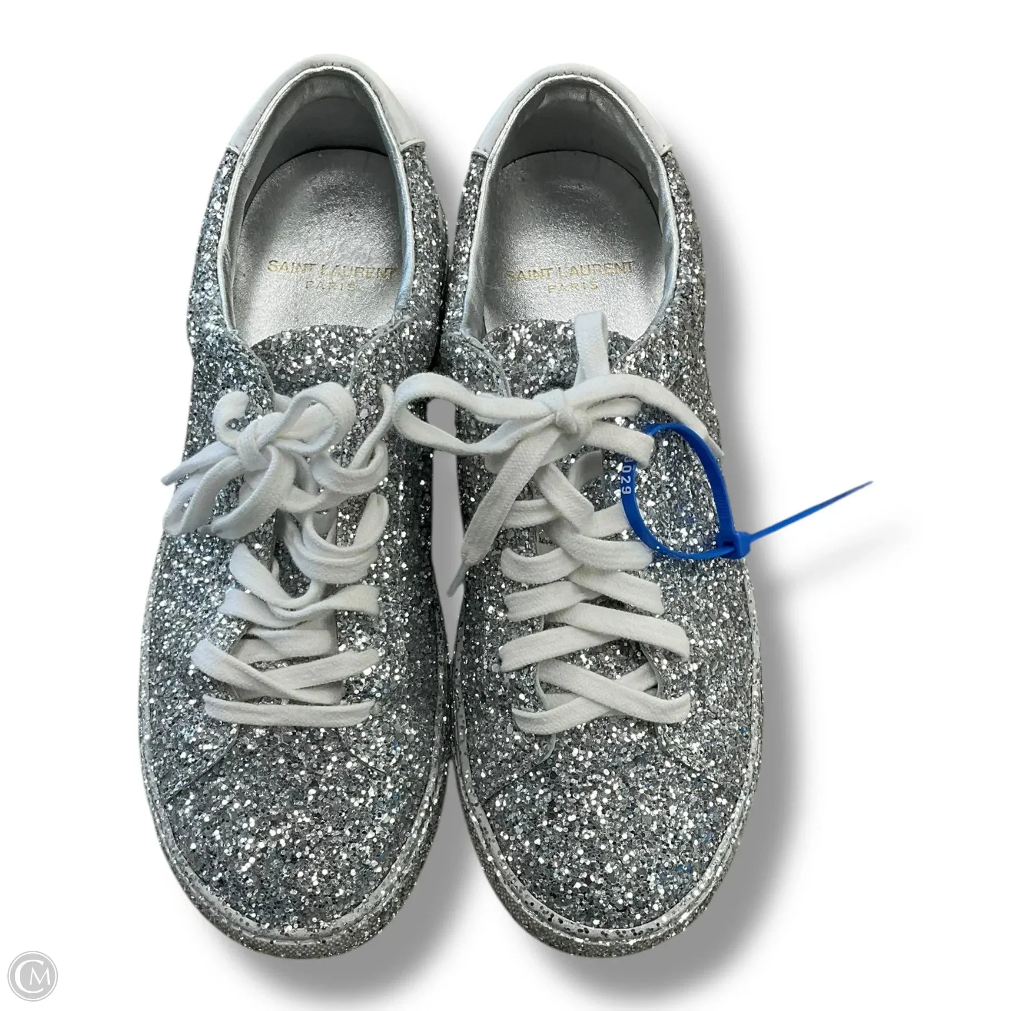 Shoes Luxury Designer By Yves Saint Laurent In Silver, Size: 5.5 All Comfort