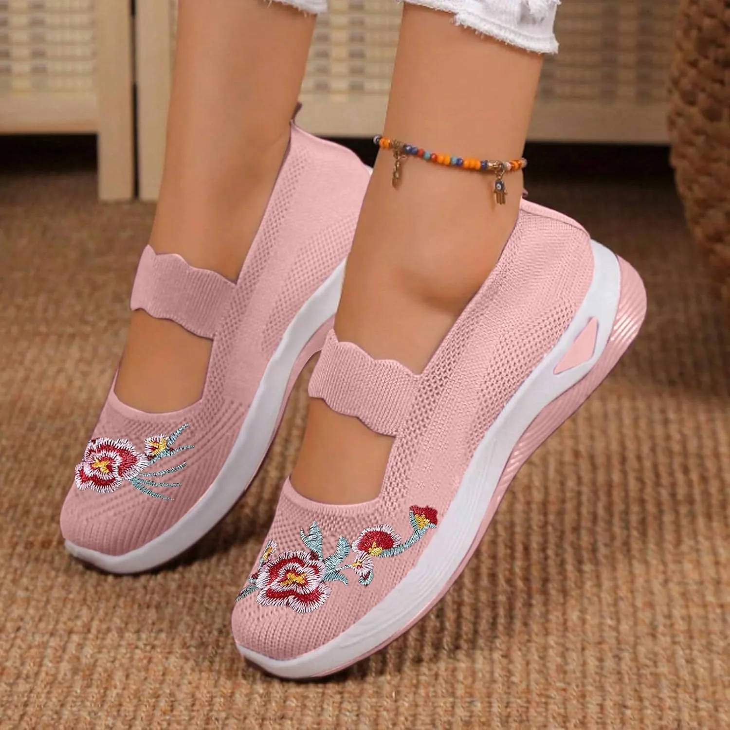 Slip On Shoes for Women Fashion Printed Labor Work Shoes Hook and Loop Strap Walking Shoes Arch Support Shoes