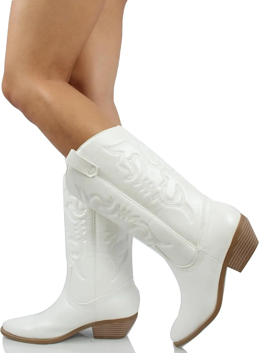 Soda Reno White Women Western Cowboy Pointed Toe Knee High Pull On Tabs Boots
