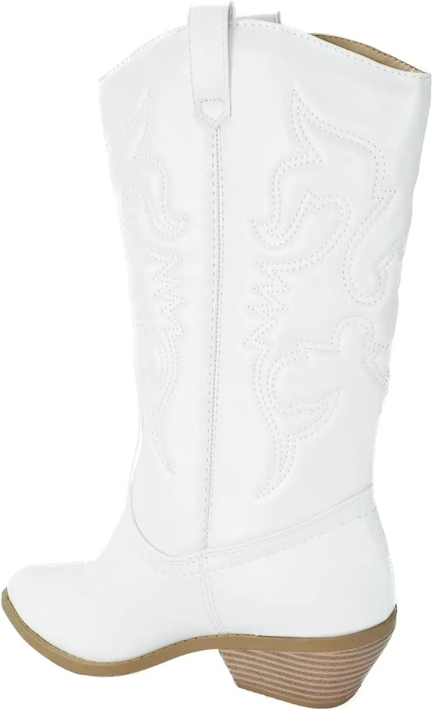 Soda Reno White Women Western Cowboy Pointed Toe Knee High Pull On Tabs Boots