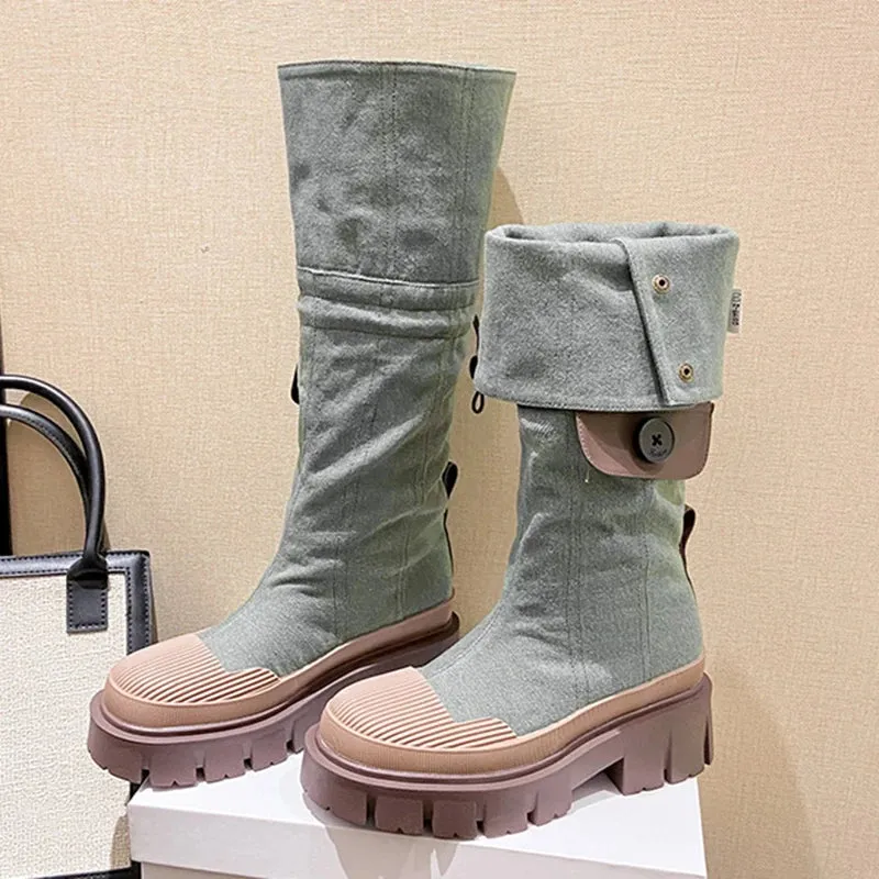 Sohiwoo Retro Denim Chunky Platform Boots Women Autumn Patchwork Western Style Cowboy Boots Woman Thick Heels Mid Calf Botas