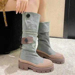 Sohiwoo Retro Denim Chunky Platform Boots Women Autumn Patchwork Western Style Cowboy Boots Woman Thick Heels Mid Calf Botas
